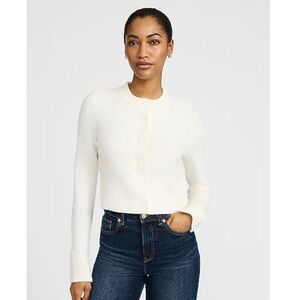 Express Cropped Button-Up Crewneck Cardigan Knit Sweater Ivory Medium